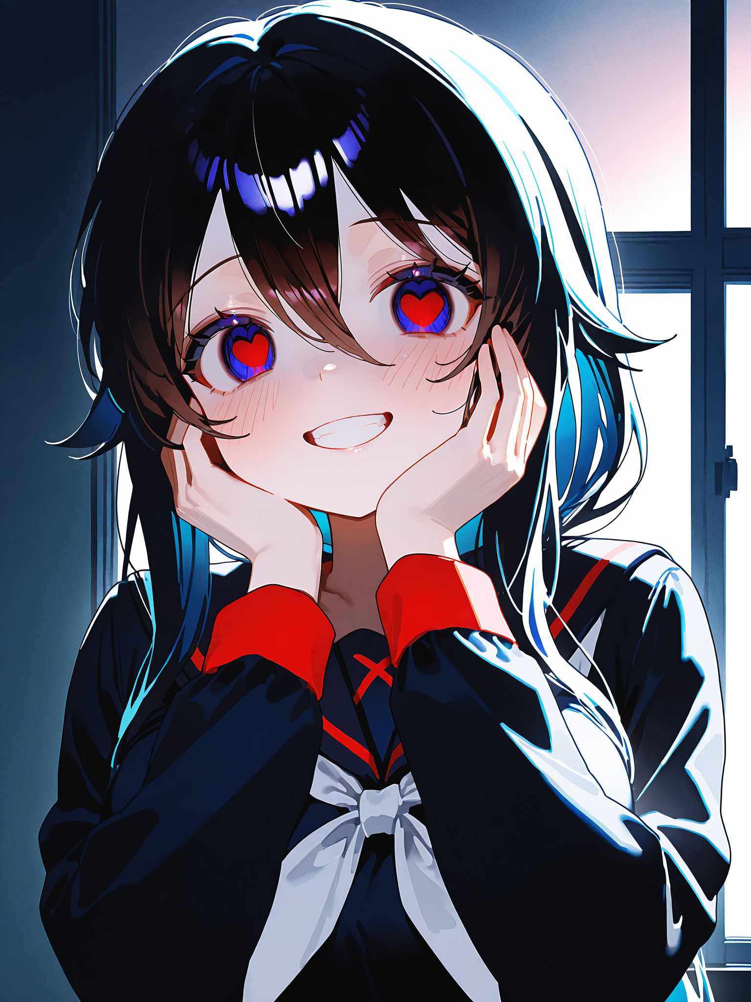 ningen mame <lora:Ryoba4XL:1>Ryoba_YS, 1girl, long hair, low ponytail, serafuku, white neckerchief, school uniform, <lora:spo_sdxl_10ep_4k-data_lora_webui:0.5>, heart-shaped eyes, solo, smile, yandere, masterpiece, best quality, amazing quality, very aesthetic, absurdres, newest, soft lighting, blush, hands on own face, large breasts, dark, grin