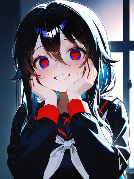 ningen mame <lora:Ryoba4XL:1>Ryoba_YS, 1girl, long hair, low ponytail, serafuku, white neckerchief, school uniform, <lora:spo_sdxl_10ep_4k-data_lora_webui:0.5>, heart-shaped eyes, solo, smile, yandere, masterpiece, best quality, amazing quality, very aesthetic, absurdres, newest, soft lighting, blush, hands on own face, large breasts, dark, grin
