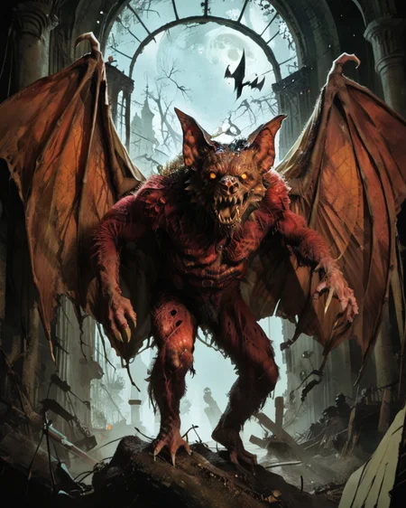 score_9,score_8_up,score_7_up,source_real,realistic,photorealistic BREAK
inside the dark castle,dim moon,horror monster,
<lora:Batsquatch>,Batsquatch,bat,monster,body fur,wings,