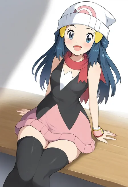 dawn \(pokemon\), hat, sitting <lora:plasticnovel-sdxl-pd6:1>