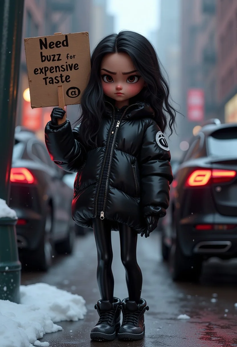 Digital artwork of Violet Parr, in a super crisp Pixar style 3d rendering from the second Pixar film of "the incredibles" very cynical and bored looking at viewer, wearing a super duper expensive Balenciaga oversized puffy black glossy winter Parker and an overall Hypebeast fashion style outfit , tight black latex leggings and amazing Hype sneakers with fat soles, the image reflects the iconic style of a high fashion photo shooting and the overall feeling of a spoiled generation Z girl, looking cynical, young, sleepy eyes, 22year old girl, surrounded by super suvs such as Lamborghini urus or Ferrari Purosangue, high end image, the girl is supposed to be a Billionaire Superhero, Cold winter day in New York City, snow on streets, super beautiful detailed eyes, standing at street leaning at wall, the logo on the jacket features the iconic logo from the incredibles superhero company in a black and white only style, the girl has black hair and brown eyes, She is holding up a cardboard sign that reads, "need buzz for expensive taste"