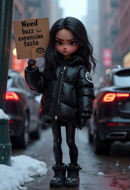 Digital artwork of Violet Parr, in a super crisp Pixar style 3d rendering from the second Pixar film of "the incredibles" very cynical and bored looking at viewer, wearing a super duper expensive Balenciaga oversized puffy black glossy winter Parker and an overall Hypebeast fashion style outfit , tight black latex leggings and amazing  Hype sneakers with fat soles,  the image reflects the iconic style of a high fashion photo shooting and the overall feeling of a spoiled generation Z girl, looking cynical,   young, sleepy eyes, 22year old girl, surrounded by super suvs such as Lamborghini urus or Ferrari Purosangue,  high end image, the girl is supposed to be a Billionaire Superhero, Cold winter day in New York City, snow on streets, super beautiful detailed eyes, standing at street leaning at wall,  the logo on the jacket features the iconic logo from the incredibles superhero company in a black and white only style, the girl has black hair and brown eyes, She is holding up a cardboard sign that reads, "need buzz for expensive taste"