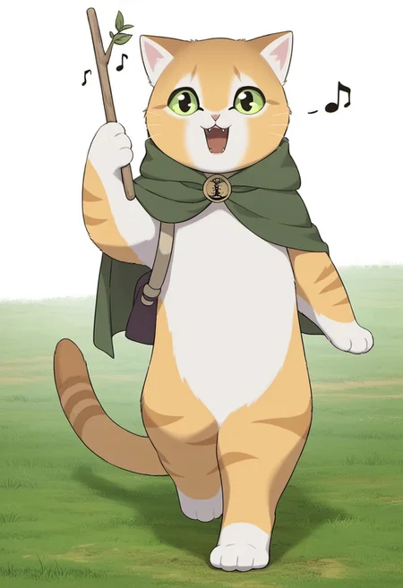 score_9, score_8_up,score_7_up,masterpiece, best quality,Thro, solo, holding, cat, green eyes, open mouth, full body, stick, :3, standing, no humans, grass, animal focus, green cape, cape, musical note, food, animal, white background, looking at viewer, smile, motion lines, simple background, cloak, tail, walking, holding stick, fangs