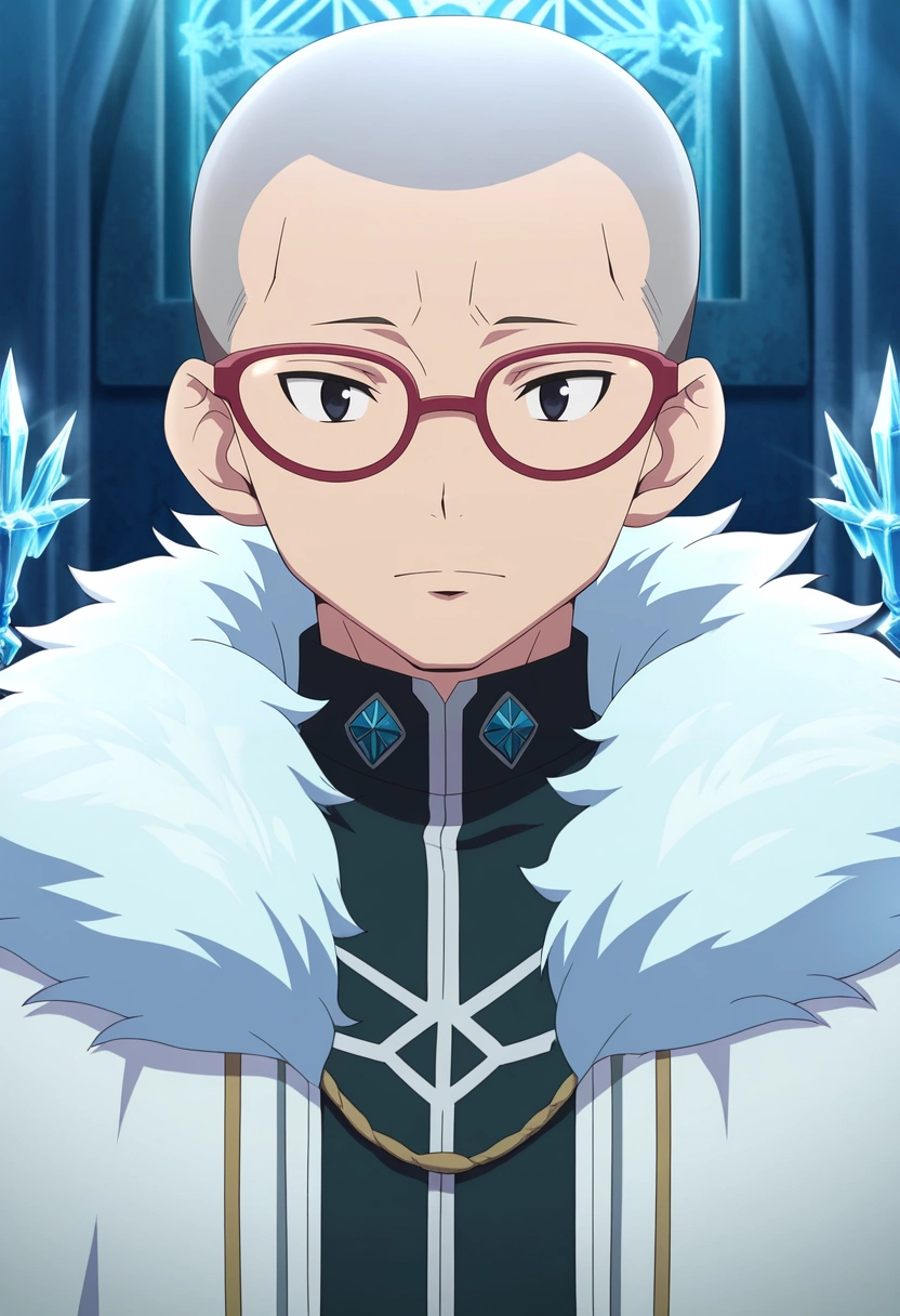 masterpiece, best quality, intricate details, anime screencap, , official style, looking at viewer, 1boy, solo, male focus, <lora:konekomaru_miwa_ilxl:0.94>, konekomaru_miwa, grey hair, black eyes, bald, glasses, red-framed eyewear, , ice palace, frozen throne, crystal chandeliers, frost patterns, regal pose, dignified expression, filtered sunlight,