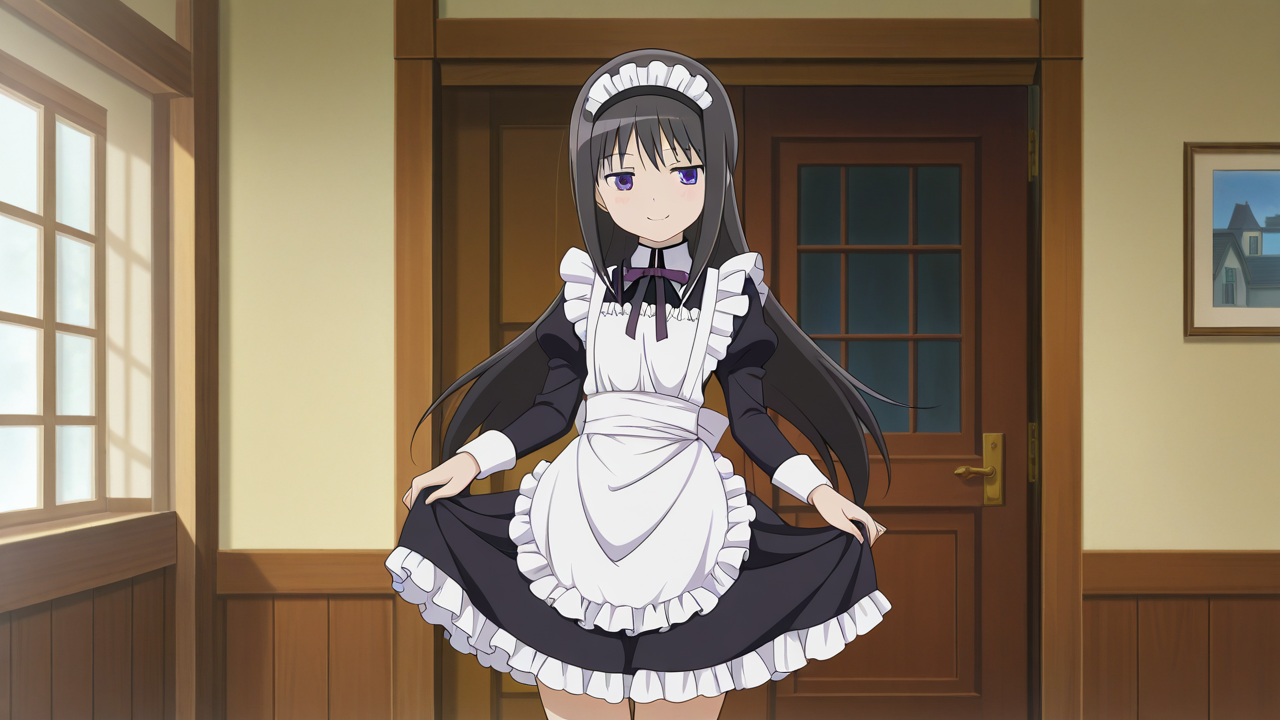 solo, cowboy shot, smile,, masterpiece, best quality, amazing quality, very aesthetic, absurdres, newest, anime screencap, <lora:checkpoint-e18_s792:1>, akemi homura, black hair, long hair, purple eyes, hairband, black hairband, sidelocks,, maid, maid apron, frills, frilled dress, black dress, maid headdress, modern house,