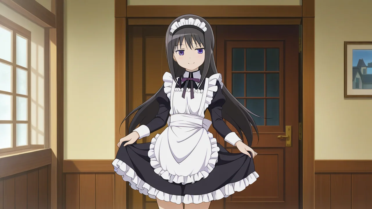 solo, cowboy shot, smile,, masterpiece, best quality, amazing quality, very aesthetic, absurdres, newest, anime screencap, <lora:checkpoint-e18_s792:1>, akemi homura, black hair, long hair, purple eyes, hairband, black hairband, sidelocks,, maid, maid apron, frills, frilled dress, black dress, maid headdress, modern house,