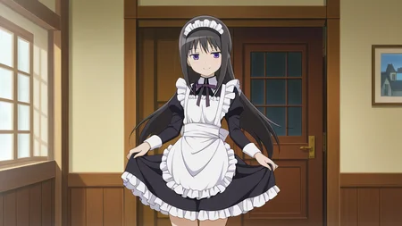solo, cowboy shot, smile,, masterpiece, best quality, amazing quality, very aesthetic, absurdres, newest, anime screencap, <lora:checkpoint-e18_s792:1>, akemi homura, black hair, long hair, purple eyes, hairband, black hairband, sidelocks,, maid, maid apron, frills, frilled dress, black dress, maid headdress, modern house,