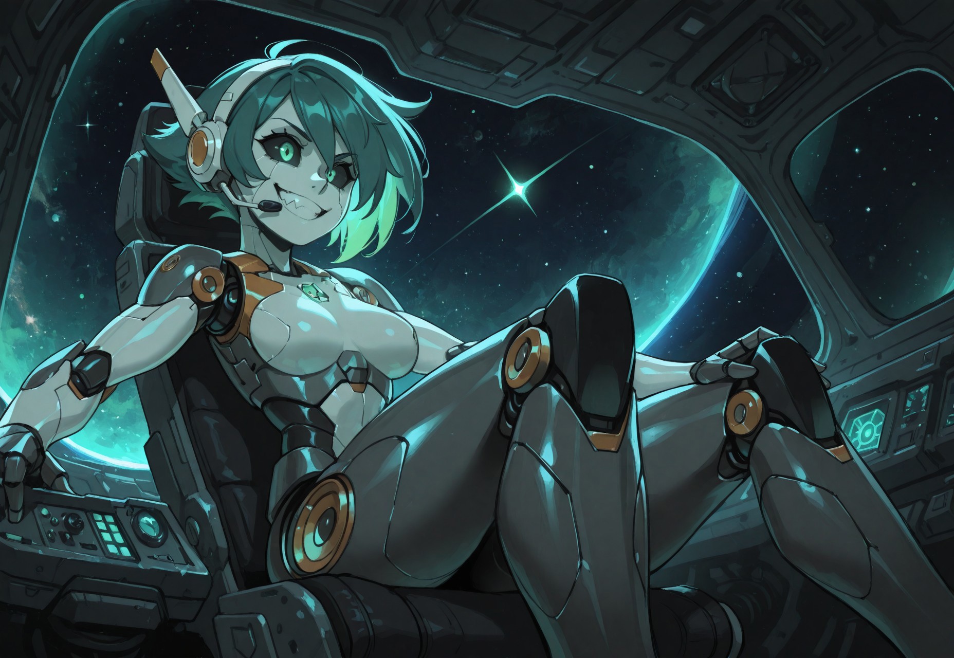 masterpiece, best quality, amazing quality,  high resolution, aesthetic,  robot girl, ((robot body)), robot joints, proud, medium breasts, metal body, glowing green details, rim lighting, tomboy hair, cockpit, sitting, piloting,  crooked smile, headset, intense eyes,  black sclera, from below, space,metal face, intricate control panels, from behind, dutch angle, action, Huffslove