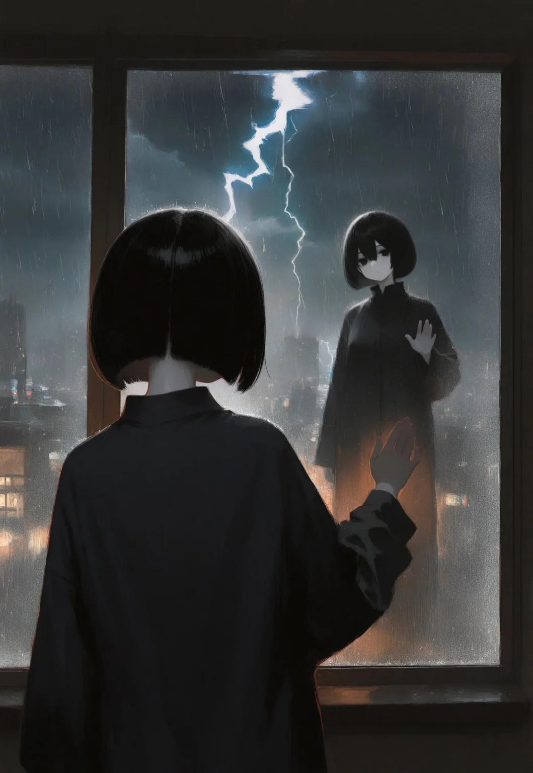 masterpiece, best quality, good quality, very awa, very aesthetic, absurdres, newest, 8k, HDR, focused subject, oc-chan_(ketopon), 1girl, solo, black hair, bob cut, hair between eyes, black eyes, solid eyes, expressionless, looking to the side, head tilt, pale skin, black pajamas, long sleeves, standing, large window view, penthouse, modern interior, hand up, touching window glass, cityscape, modern architecture, night, city lights, skyscrapers, storm, lightning storm, lightning, rain, raindrops running down on window, large window, reflection, face reflecting on window,full body, from behind, upper body, close up, dim lighting, indoors, volumetric lighting, shapes, glitch, (glitch art), intricate, no lineart, no outline,painterly, crying_illu, G0zeNA_illu