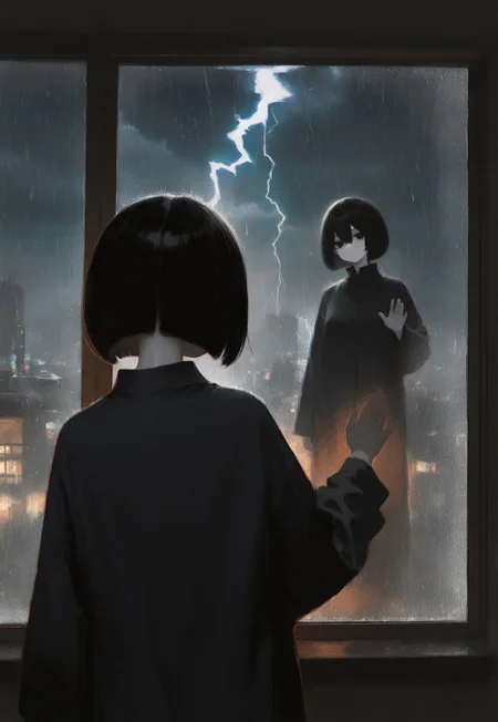 masterpiece,  best quality, good quality, very awa,  very aesthetic, absurdres, newest, 8k, HDR, focused subject, oc-chan_(ketopon), 1girl, solo, black hair, bob cut, hair between eyes, black eyes, solid eyes, expressionless, looking to the side, head tilt, pale skin, black pajamas, long sleeves, standing, large window view, penthouse, modern interior,  hand up, touching window glass, cityscape, modern architecture, night, city lights, skyscrapers, storm, lightning storm, lightning, rain, raindrops running down on window, large window, reflection, face reflecting on window,full body, from behind, upper body, close up, dim lighting, indoors, volumetric lighting, shapes, glitch, (glitch art), intricate, no lineart, no outline,painterly, crying_illu, G0zeNA_illu