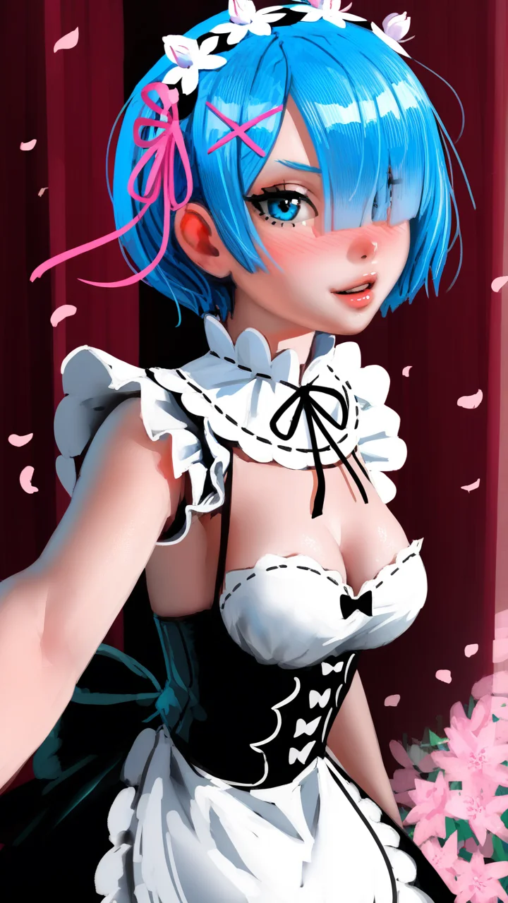 letsfinalanswer, Sinozick, BM94199, fiz-rot, wlopwangling, mossacannibalis, gabrielpicolo, samdoesarts, score_9, score_8_up, score_7_up, i want the whole image to be created in 3D anime style, 1girl, solo, breasts, looking at viewer, blush, short hair, bangs, blue eyes, hair ornament, dress, ribbon, medium breasts, blue hair, hair ribbon, upper body, flower, short sleeves, hairband, frills, parted lips, hair flower, hair over one eye, from side, lips, maid, maid headdress, petals, x hair ornament, pink ribbon, realistic, nose, rem (re:zero)
