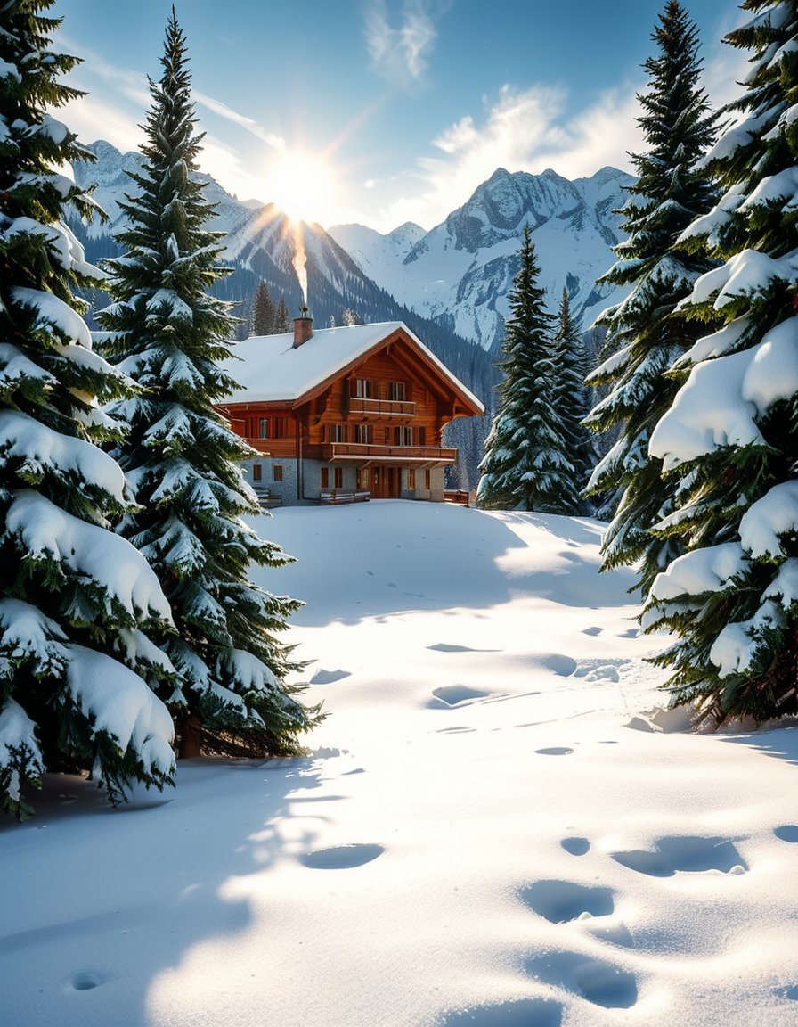A cozy wooden chalet nestled in a serene winter landscape, surrounded by tall, snow-covered pine trees. Warm golden lights glow from the chalet's windows, contrasting with the crisp, cold air of the snowy evening. A thick layer of fresh snow blankets the ground, with a few footprints leading to the wooden front door. Smoke gently rises from the chimney, suggesting a warm fire inside. The sky is a soft twilight blue, with the first stars beginning to appear. In the foreground, a wooden fence partially covered in snow adds to the rustic charm. A small stack of firewood is neatly arranged near the entrance. The atmosphere is peaceful and inviting, evoking a sense of warmth and solitude in the midst of nature. The art style is hyper-realistic with soft lighting and high detail, emphasizing the texture of the wood, snow, and trees.
<lora:SDXLFaeTastic2400:0.4> <lora:extremely_detailed:0.4> extremely detailed, <lora:winter_l4ndsc4p3:1>,winter l4ndsc4p3, Masterpiece,best quality,hi res,8k,hi res,8k,award winning,(sharp focus, intricate, highly detailed),