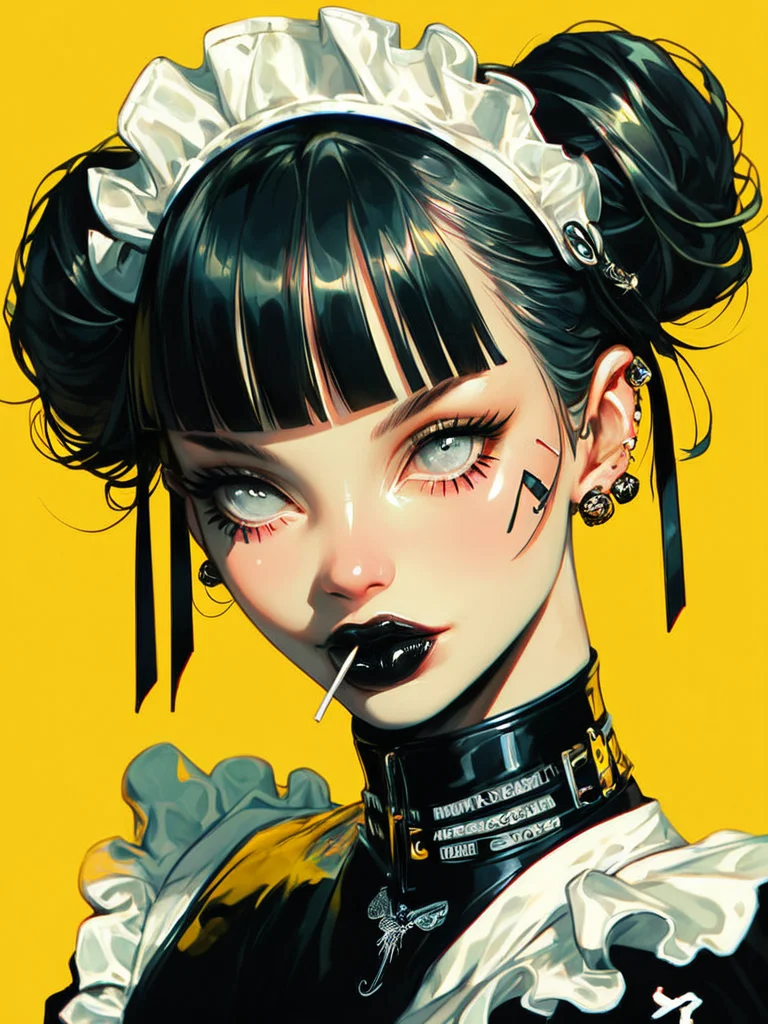 score_9, score_8_up, score_7_up, score_6_up, BREAK,
portrait, upper body,
1girl, medium hair, blunt bangs, cyberpunk,
juicy_lips, shiny lips, black lips, black hair, maid headdress, latex, shiny clothes,
head tilt, tongue out, v, facing viewer, looking at viewer, naughty face, big eyes, straight hair, makeup, gothic, white eyes, lollipop,
simple background, yellow background, yellow theme, piercing, earrings, light smile, double bun,
chromatic aberration, vivid_colors, black graffiti "Psychedelic", X_eyes, + +,
<lora:xl_more_art-full_v1:0.45>,
<lora:Psychedelic_Stylized:1>