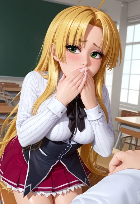 Masterpiece, best quality, high quality, highres, 4k, detailed face, Expressiveh, asia argento, blonde hair, green eyes, long hair, ahoge, parted bangs, medium breast, parted lips, shiny lips, lipgloss, gyaru, bmbplora, long eyelashes, kuohacademy, school uniform, black capelet, white shirt, black ribbon, neck ribbon, long sleeves, corset, red skirt, pleated skirt, classroom, shy, blushing, covering mouth,