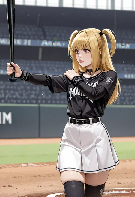 (1girl:1.2), (general:1.3), (masterpiece:1.2), newest, <lora:IchiroBattingStance_ill_v01:1>,amane_misa, blonde hair, 1girl, solo, two side up, goth fashion, (holding, holding baseball bat, baseball bat:1.2), outstretched arm, (hand on own shoulder:0.7), skindentation