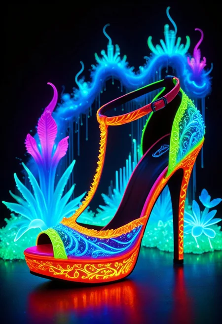 An epic photo of an avant-garde bioluminescent highheel, bioluminescent landscape, neon color, masterpiece, best quality, highly detailed, sharp focus, dynamic lighting, flux-style,
