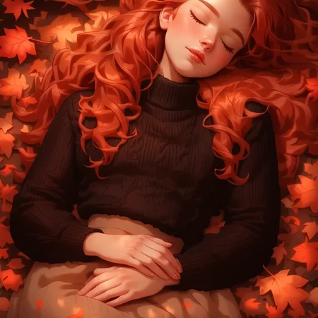 Serene, whimsical, dreamy, autumn leaves, sleeping beauty, young girl, long red hair, black sweater, peaceful slumber, hand resting head, dark brown background, vibrant colors, fall season, cozy scene, outdoor setting, seasonal mood, soft light, gentle atmosphere, soothing ambiance.