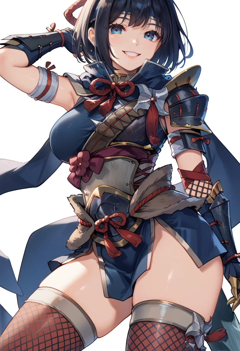 (score_9:0.9),score_8_up,score_7_up,rating_safe,(zPDXL),<lora:kamura armor ponyXL v1:0.76>,1girl,solo,blue headband,black hair,white background,simple background,smile,large breasts,looking at viewer,fishnet thighhighs,short hair,blue gauntlets,blue scarf,kamura armor,blue knee boots,black shoulder armor,