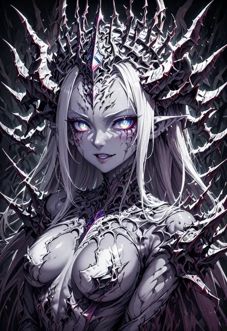 cyberdemon, female demon, cyborg, purple skin, tail, horns, pointy ears, opera diva, cyber eyes, 1girl, solo, ballgown, european dress, fantasy art, cyberpunk, best quality, upper body, portrait, warhammer40