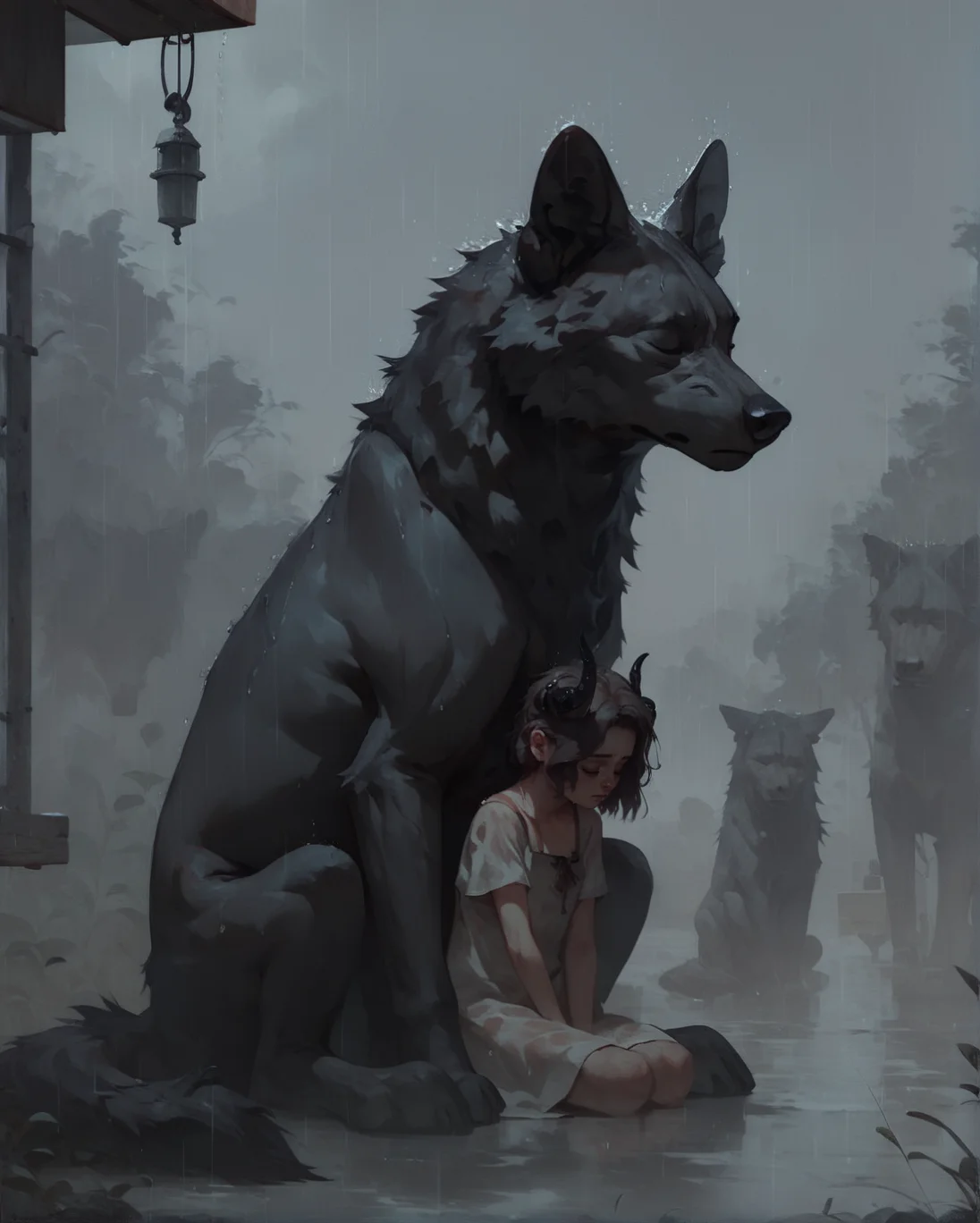 score_9, score_8_up, score_7_up, score_6_up, young girl taking shelter under large wolf, sitting, huddle, 1girl, rain, black horns, moody, fog, vignette, closed eyes, emotional, otherwordly, soothing, black clouds, shadow, depressed, (flat chest:.3), <lora:Concept Art Twilight Style SDXL_LoRA_Pony Diffusion V6 XL:0.8> <lora:pale_demon:.5> 1girl