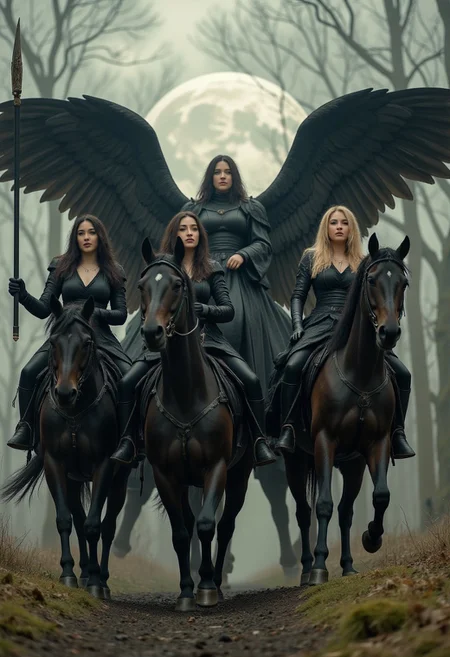 four beautiful women on horses representing the four horsemen of the apocalypse. A dystopian scene as the women ride the horses, dark angelic women,