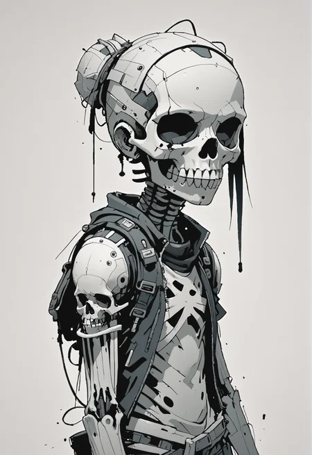 motion lines, negative space,character,cybergoth aesthetic anime pfp, Ashley Wood, Jamie Hewlett,Sergio Toppi,Christopher Wool,Expressive Ink Dynamics,grin skull,, <lora:add-detail-xl:1> <lora:lazy:1> <lora:sss:1>