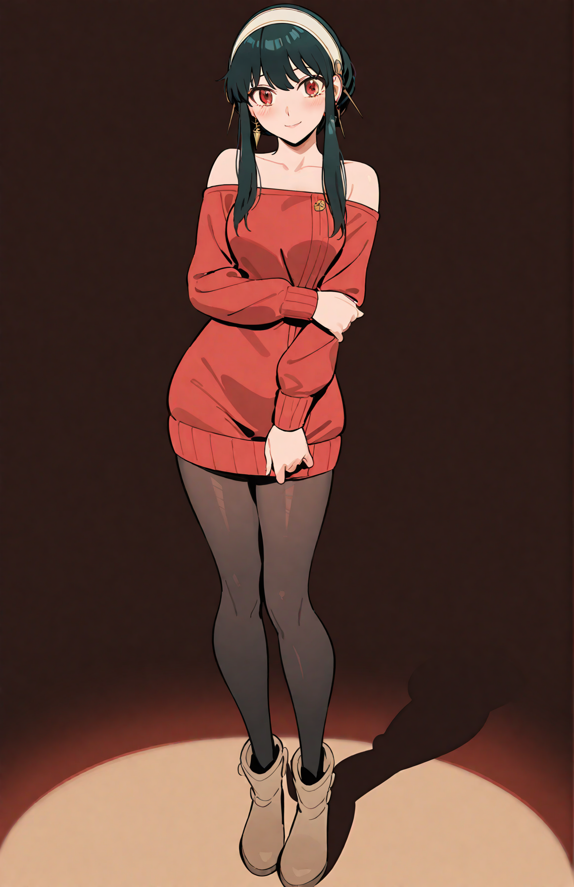 perfect quality,high quality,masterpiece,best quality,amazing quality,very aesthetic,absurdres,Cinematic Lighting,newest,Tactical use of shadow,front view,full_shot,smile,looking at viewer,
yor briar_cyql,1girl,solo,black hair,long hair,sidelocks,hairband,white hairband,red eyes,jewelry,earrings,sweater,red sweater,sweater dress,off-shoulder sweater,bare shoulders,medium breasts,breasts,pantyhose,black pantyhose,boots,ankle boots,
full body,standing,seagreen background,simple background,
<lora:ponyv4_noob1_2_adamW:0.7>,<lora:spo_sdxl_10ep_4k-data_lora_webui:0.6>,<lora:USNR STYLE_XL_loha:0.45>,<lora:semham4:0.7>,<lora:yor briar_Illustrious by Cyql:1>,