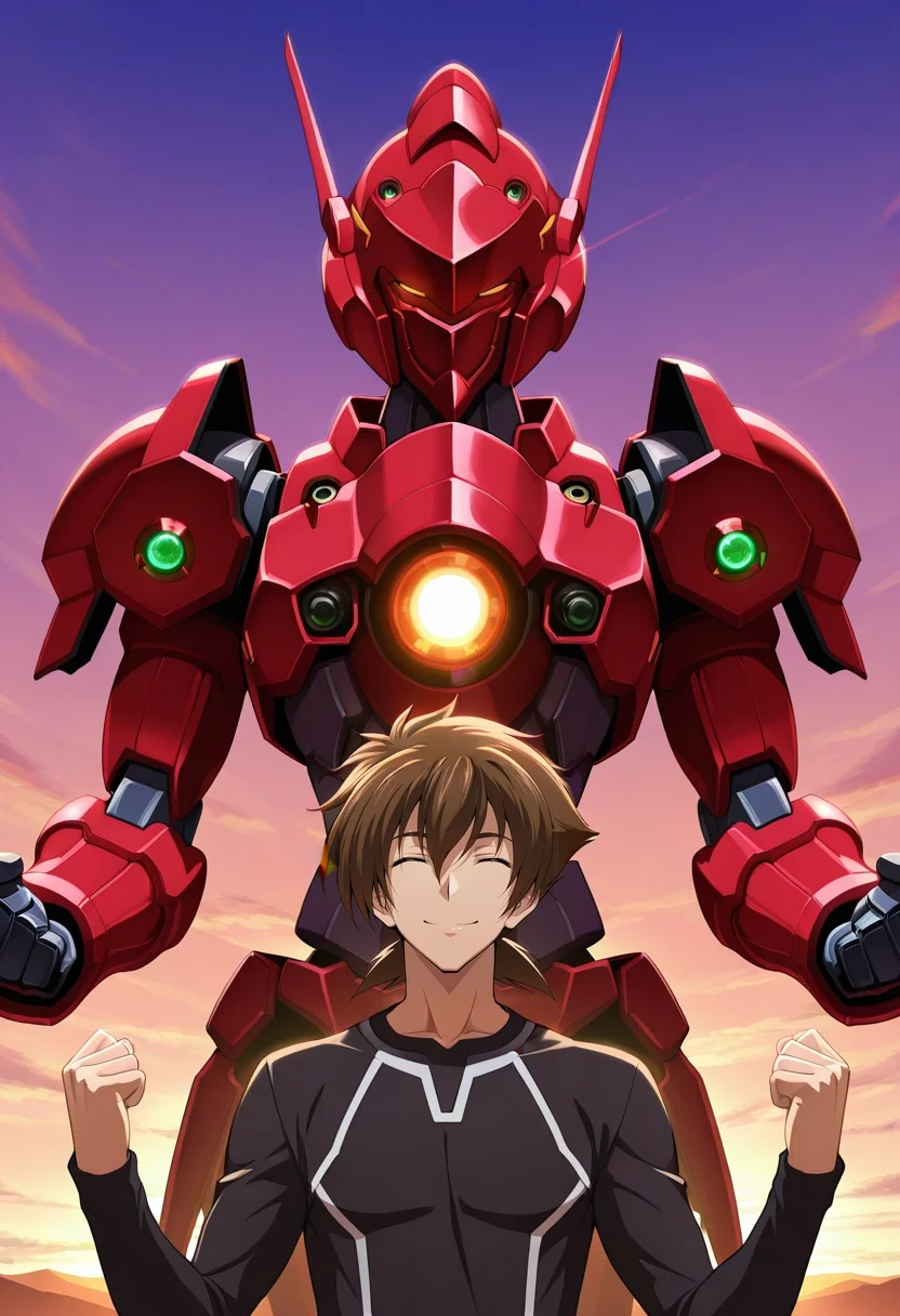 masterpiece, best quality, , , , 1boy, solo, male focus, <lora:issei_hyoudou_ilxl:0.92>, issei_hyoudou, brown hair, brown eyes, hair between eyes, short hair, armor, full armor, robot, mecha, glowing eyes, no humans, panorama, armory, dawn, w arms, (closed eyes:1.2), smile,