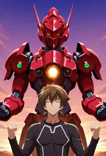 masterpiece, best quality, , , , 1boy, solo, male focus, <lora:issei_hyoudou_ilxl:0.92>, issei_hyoudou, brown hair, brown eyes, hair between eyes, short hair, armor, full armor, robot, mecha, glowing eyes, no humans, panorama, armory, dawn, w arms, (closed eyes:1.2), smile,
