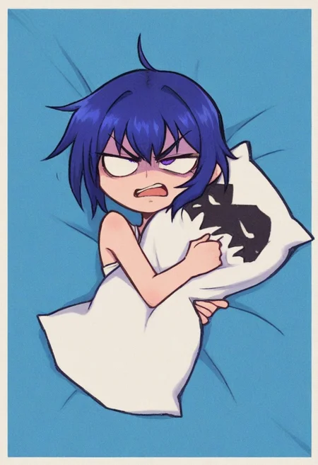 IllustriousQual, masterpiece, best quality, amazing quality, very aesthetic, absurdres, 1girl, solo, cute pattern background, border, lace background
Arin(Pangya), blue hair, bangs,purple eyes,
solo, hugging pillow, lying, on side,, angry, rage, furious, half-closed eye, v-shaped eyebrows, open mouth,shouting,, straight on,
<lora:ValbunStyle-IL:0.9> valbun,