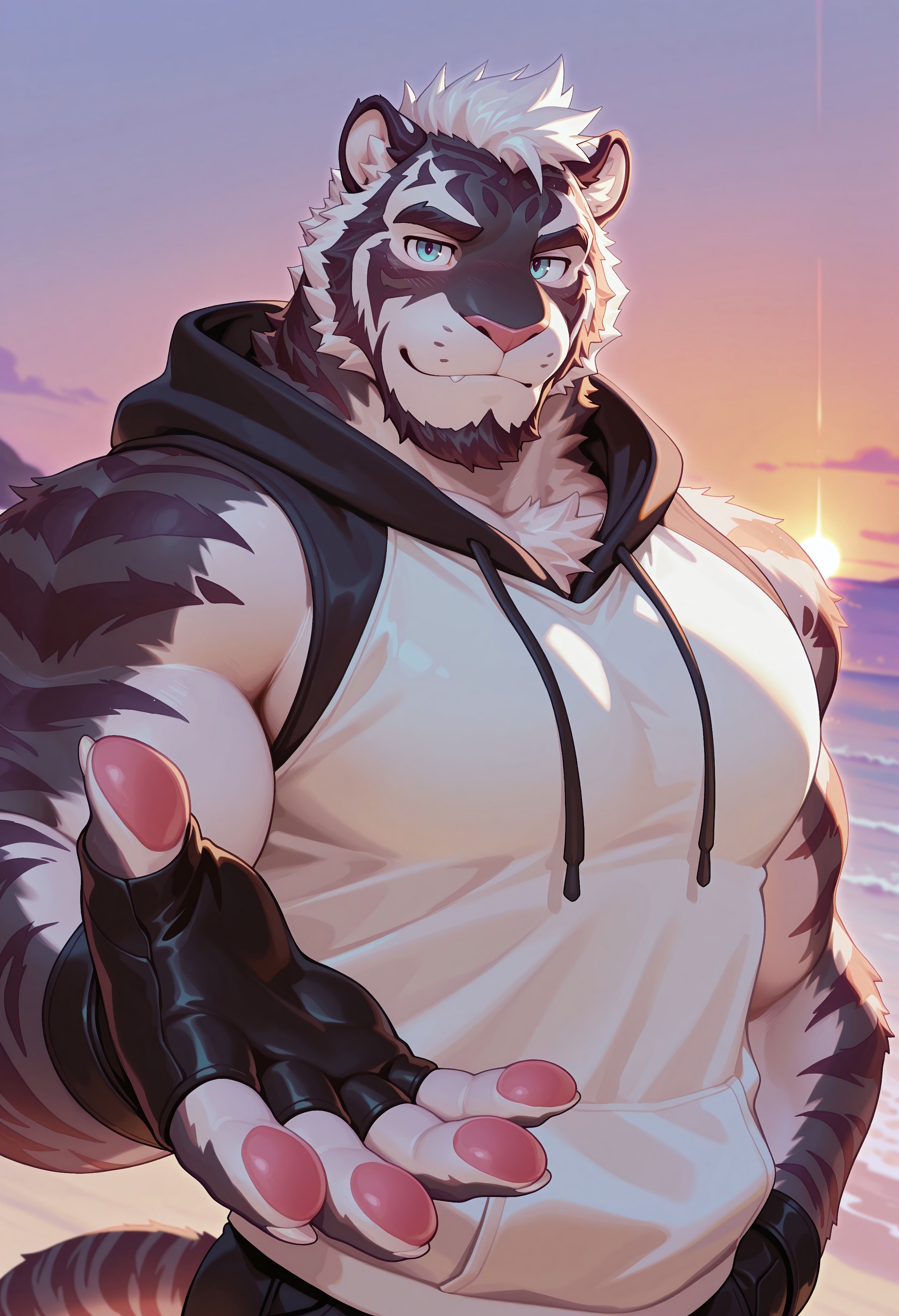 furry, solo, muscular male, 
, close up, reaching,upper body, sunset, (sleeveless hoodie), looking at viewer, close up, beach, Three-quarters view, nice eyes, eyes, muscular, 


 reaching hands, 5 fingers, pawpads, (blush:0.7), inviting, invite, (tail), nice hands, 


, felid, mammal, pantherine, tiger, chest tuft, facial hair, fur,stripes, striped fur, striped body, detailed eyes, nice eyes, (teeth:0.8, nice teeth:0.8), black and white body, black body, white body, black fur, white fur, (fingerless gloves), beard,(white nails) , nails, 



, 2024, 2023, nu119h05t2, masterpiece,best quality,amazing quality,