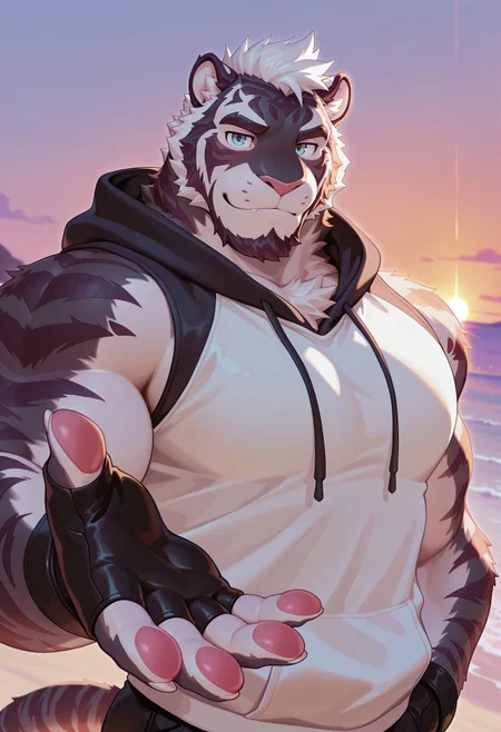 furry, solo, muscular male,
, close up, reaching,upper body, sunset, (sleeveless hoodie), looking at viewer, close up, beach, Three-quarters view, nice eyes, eyes, muscular,
reaching hands, 5 fingers, pawpads, (blush:0.7), inviting, invite, (tail), nice hands,
, felid, mammal, pantherine, tiger, chest tuft, facial hair, fur,stripes, striped fur, striped body, detailed eyes, nice eyes, (teeth:0.8, nice teeth:0.8), black and white body, black body, white body, black fur, white fur, (fingerless gloves), beard,(white nails) , nails,
, 2024, 2023, nu119h05t2, masterpiece,best quality,amazing quality,