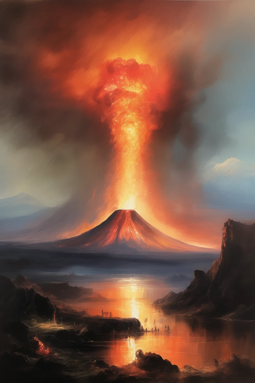 John Martin Style - a beautiful summer evening overlooking a volcanic eruption with lava spewing out of the top, luminism in the style of jmw turner, include brush strokes and incredible detail with every colour imaginable