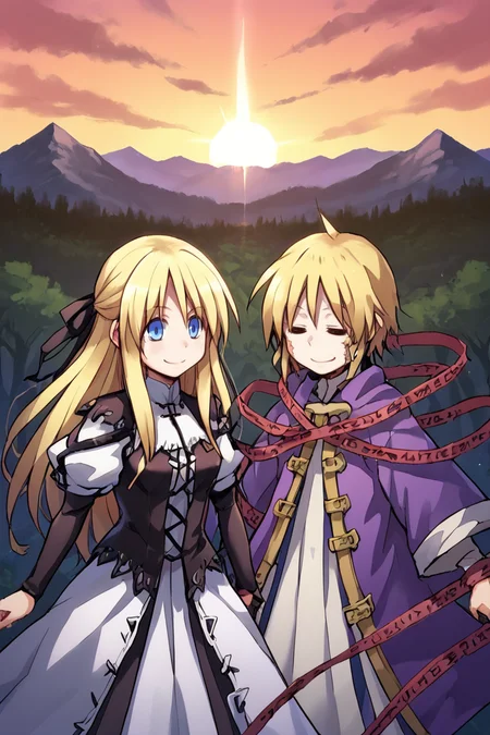 (score_9, score_8_up, score_7_up, score_6_up), source anime, exterior, mountains, canyons, trees, scenery, sunset, 2girls, date, romantic, <lora:zy_Detailed_Backgrounds_v1:0.1> , detailed background, highly detailed,<lora:Manhwa-Artstyle__PonyXL__Shufflebox:0.4> , Manhwa-Artstyle, anime_source,BREAK<lora:Yggdra:0.8>, yggdef, 1girl, blonde hair, long hair, blue eyes, hair ribbon, ascot, juliet sleeves, black sleeves, dress, white dress, cross-laced clothes, cross-laced dress, lace-trimmed dress, lace trim, corset, black pantyhose, cowboy shot, 2girls, smug grin, standing,BREAK<lora:Nessiah-000013:0.7> , nesdef, 1boy, blonde hair, (closed eyes),, robe, purple robe, (hood up), white skirt, caution tape, red caution tape, chains, dominant expression, cowboy shot, flat chest, standing, <lora:Burn_Scar_Lora:0.5> burn scar, ((burn scar on face)) burn scar over closed eyes,