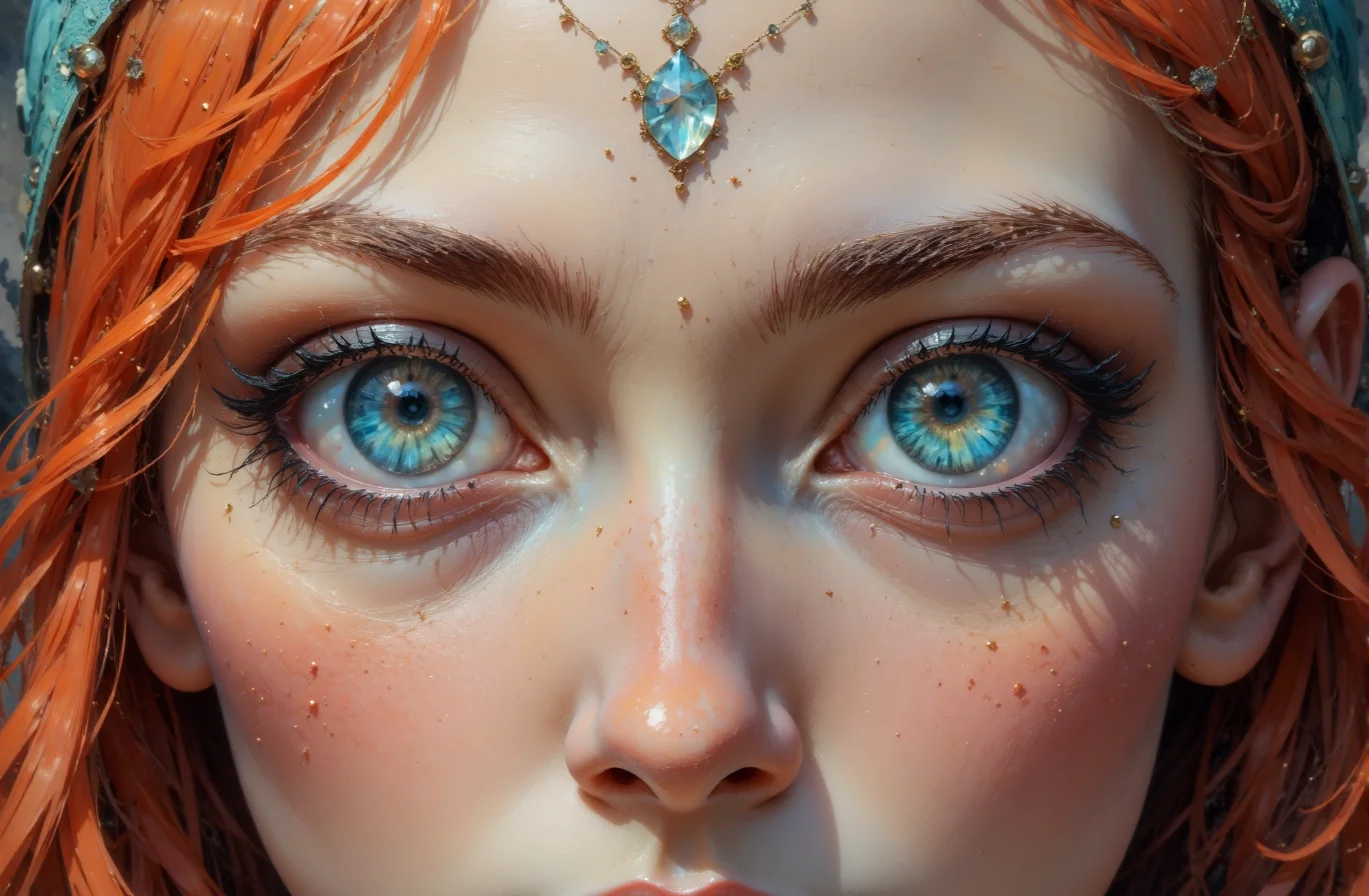 This image is a highly detailed digital photography featuring a close-up of a Goddess woman's face with fear expression. The composition uses a symmetrical approach, with the woman's face centered in the frame, creating a balanced and focused visual. The woman has striking, large eyes that dominate the image, with one eye Terracotta and the other IceBlue, both adorned with heart-shaped pupils. Her skin is pale and smooth, with subtle freckles on her cheeks. She has long, straight CoralOrange hair with a Terracotta streak on the left side, styled with a side part and a small hairband on the right. Her eyebrows are thick and well-defined, and she has long, dark eyelashes accentuated with PowderBlue eye-shadow. The lighting is soft and even, highlighting the textures of her skin and hair without casting harsh shadows. The background cute, keeping the focus on her expressive eyes and face. The overall mood is intense and captivating, with a touch of surrealism due to the heart-shaped pupils.
<lora:DarksunRIDDV3:0.7> <lora:flux_hyperkraximalism-crazy:0.6>