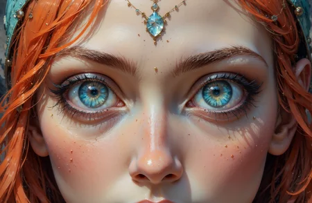 This image is a highly detailed digital photography featuring a close-up of a Goddess woman's face with fear expression. The composition uses a symmetrical approach, with the woman's face centered in the frame, creating a balanced and focused visual. The woman has striking, large eyes that dominate the image, with one eye Terracotta and the other IceBlue, both adorned with heart-shaped pupils. Her skin is pale and smooth, with subtle freckles on her cheeks. She has long, straight CoralOrange hair with a Terracotta streak on the left side, styled with a side part and a small hairband on the right. Her eyebrows are thick and well-defined, and she has long, dark eyelashes accentuated with PowderBlue eye-shadow. The lighting is soft and even, highlighting the textures of her skin and hair without casting harsh shadows. The background cute, keeping the focus on her expressive eyes and face. The overall mood is intense and captivating, with a touch of surrealism due to the heart-shaped pupils.
 <lora:DarksunRIDDV3:0.7> <lora:flux_hyperkraximalism-crazy:0.6>