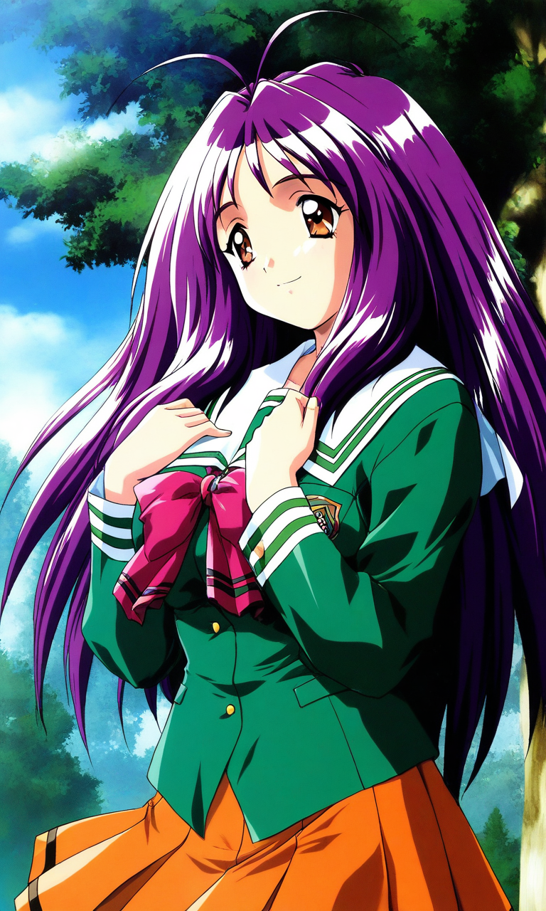 general,highres, ultra-detailed,very aesthetic,best quality ,best hands, BREAK <lora:Kotobuki_Miyuki_Tokimeki_Memorial2_IS:1>
Kotobuki_Miyuki(Tokimeki_Memorial2), 1girl, solo, bangs, purple hair, long hair, brown eyes, antenna hair, breasts, 
school uniform, long sleeves, orange skirt, green shirt, pleated skirt, 
outdoor, day, sky, tree,