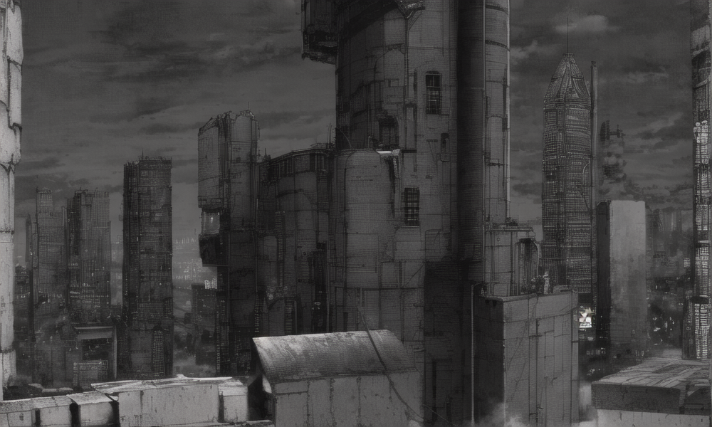 vast scenery, empty, city ruins, cables, tubes, clouds, smoke, (best quality:1.3), monochrome, grayscale, <lora:blame5:1>,  g-pen sketches, rough outline,detailed shadow