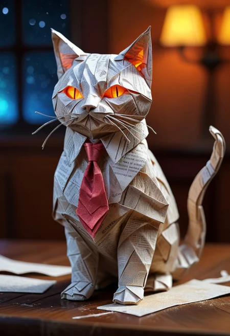 cat made of paper, cat with tie, close up, textured paper, on wooden table, fluorescent, glowing dust