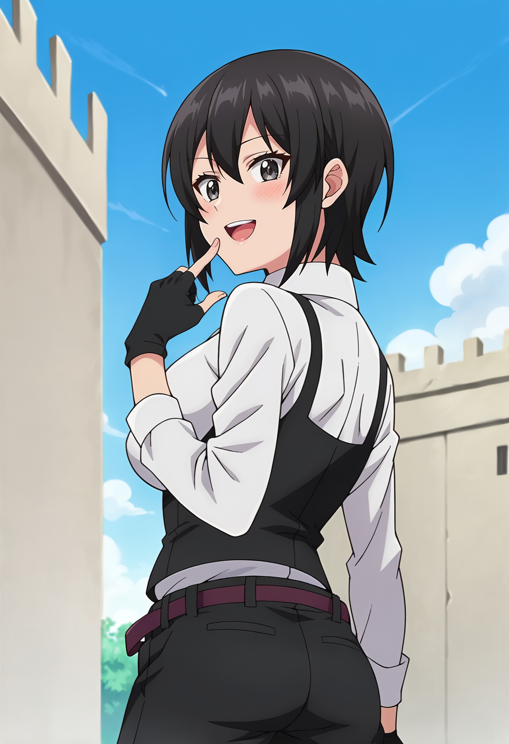 score_9, score_7_up, hd, (ultra hd quality details), source_anime, outdoors, blue sky,
solo, 1girl, elnakakushi, medium breasts, grey eyes, anime screencap,
white shirt, collared shirt, black vest, black gloves, fingerless gloves, belt, black pants, black shoes,
looking at viewer, blush, smile, upper teeth only, 
from below, standing, back view, finger to mouth,
<lora:_elna_stongs-elesico-pony-000006:0.9>