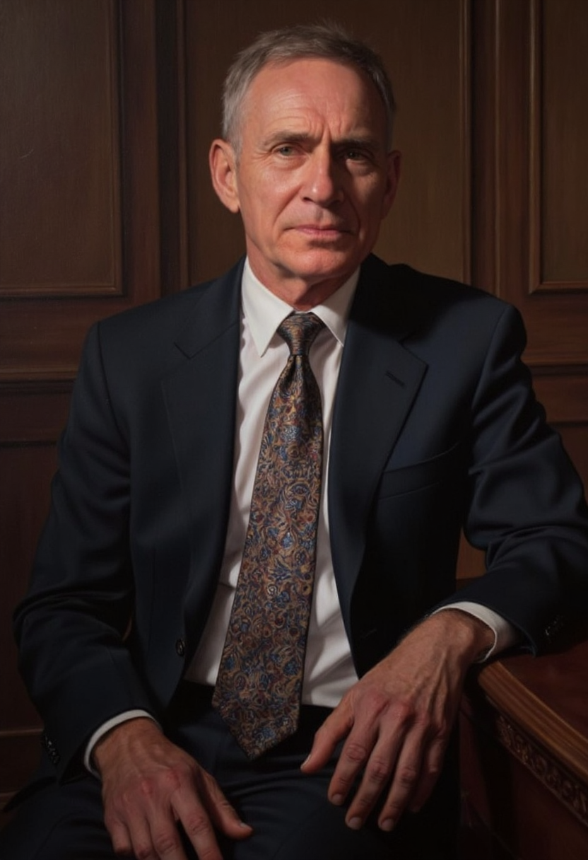 photorealistic portrait painting of a modern 50 y.o. business man in an expensive suit and silk tie, neutral expression, detailed skin, detailed fabric on clothes, sitting at polished wood desk leaning back, soft light <lora:hyperrealism-000103:1>