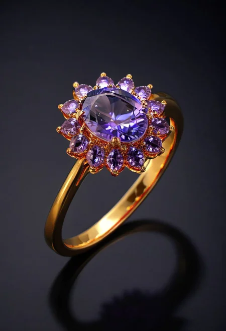 bioluminescent tenzanite ring, natural crystal, purple crystal, glowing metal, reflective, gold ring, black background