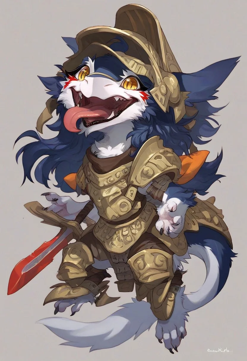 score_9, score_8_up, score_7_up, Rain Silves, yellow eyes, sergal, blue hair, furry female, solo, open mouth, teeth, tongue out, oekaki, chibi, toony, cute, helmet, armor, dual sword, polearm, colorful pillows background