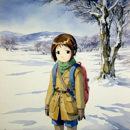 masterpiece, best quality, 1girl, shiina_figure17fsefgas, fine-face, detailed face, looking at viewer, sad smile, snow_field, [school_backpack], upper body, child, classic painting by Yoshitoshi Abe,  watercolor, <lora:figure17Lora_XL-000004:1>
