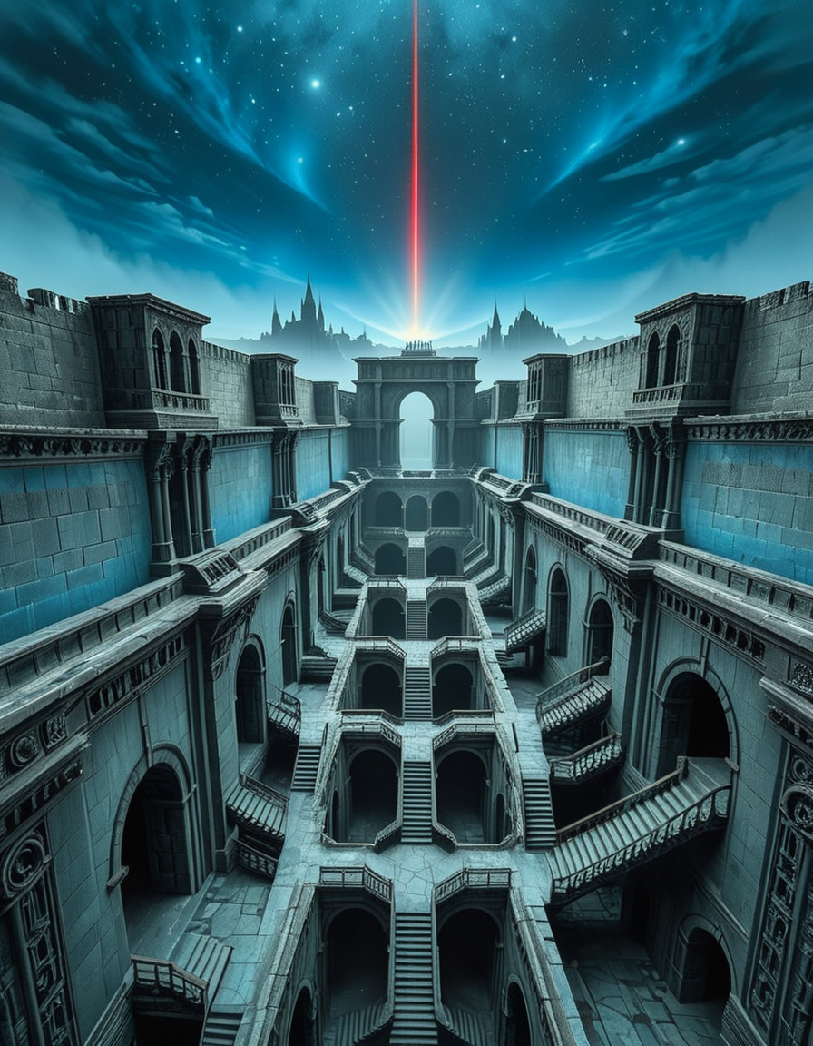 A vast, nightmarish labyrinth stretching endlessly into the horizon, its architecture a fusion of brutalist and gothic styles. The towering stone walls are cold, weathered, and adorned with eerie, ancient carvings. Deep chasms divide the labyrinth, revealing endless layers of arches and staircases that descend into an abyss of darkness. The atmosphere is thick with an unsettling silence, broken only by distant whispers and echoes of unseen entities.
A strange, ominous red beam pierces the sky from a distant point at the horizon, casting an eerie glow over the surreal landscape. The sky above is an unnatural, deep blue, devoid of stars, shrouded in a thick, ominous haze. Shadows stretch unnaturally long, twisting and shifting as if alive.
The entire scene evokes a sense of isolation and dread, as if trapped in an inescapable nightmare. The labyrinthâs geometry seems almost impossible, defying logic with staircases leading to nowhere and corridors looping endlessly. A place where time feels distorted, and reality itself is uncertain.
Style & Mood:
    Dark surrealism, Lovecraftian horror
    Cinematic, high-detail, eerie lighting
    Atmospheric perspective, emphasizing scale and depth
    Inspired by the works of ZdzisÅaw BeksiÅski and H.R. Giger
<lora:SDXLFaeTastic2400:0.4> <lora:extremely_detailed:0.4> extremely detailed, <lora:nightmarish_l4byr1nth:1>,nightmarish l4byr1nth, Masterpiece,best quality,hi res,8k,hi res,8k,award winning,(sharp focus, intricate, highly detailed),