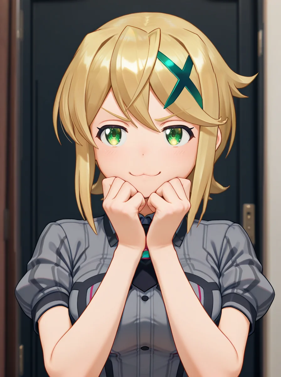masterpiece, best quality, amazing quality, very aesthetic, absurdres, newest, <lora:Xeno2StyleV2:1>xeno2style akatsuki kirika , upper body, smug, :3 smile, v_sign lydian academy school uniform,