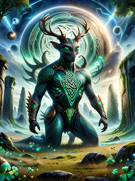 ((Masterpiece)) A majestic view of an alien savanna, where large, elegant creatures with antlers that resemble Celtic knots roam freely, under a giant, ringed planet visible in the day sky, ancient ruins scattered, (rule of thirds composition), (photorealistic) Macro angle, <lora:ral-cltc:1> ral-cltc, <lora:perfect-eyes:1> perfecteyes
