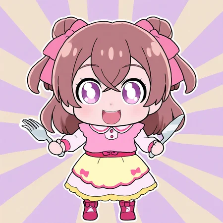 general,sunburst background,best quality,perfect hands,close-up,full body,chibi, BREAK 
1girl,solo,standing,happy,bright pupils, nagomi yui, brown hair, long hair, two side up, hair between eyes, pink hair ribbon, purple eyes,
pink dress, white frill, pink sweater vest,delicious party precure,
holding Dining knife,holding fork, <lora:mkdy_IL_v1:1>