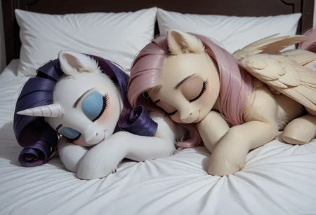 score_9, score_8_up, score_7_up, score_6_up, score_5_up, score_4_up, my little pony, ((feral pony)), intricate details, high resolution, ultra realistic textures, soft lighting, best quality rendering, Highly detailed and realistic macro artwork, irl, feral pony, pony, mare, female pony, feral, detailed, short, blushing, detailed, cute, cute face, very cute, wide hips, big hips, thick tights, lanky, fluffy, fur, short body, fluffy, fluffy chest, small, short, petite build, small, long legs, close eyes, sleeping, (rarity, unicorn), bed, lying down, realistic, (fluttershy, pegasus, wings), low light, dark theme, night, snuggling, same size, duo,