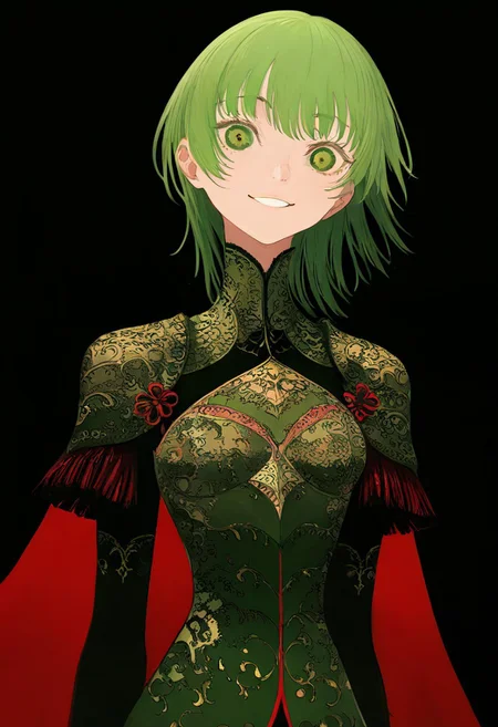 solo, looking at viewer, green eyes, upper body, black background, 1girl, green hair, smiling, 
, ,,,, masterpiece,best quality,very aesthetic,absurdres
 <lora:monfornoob:0.95>